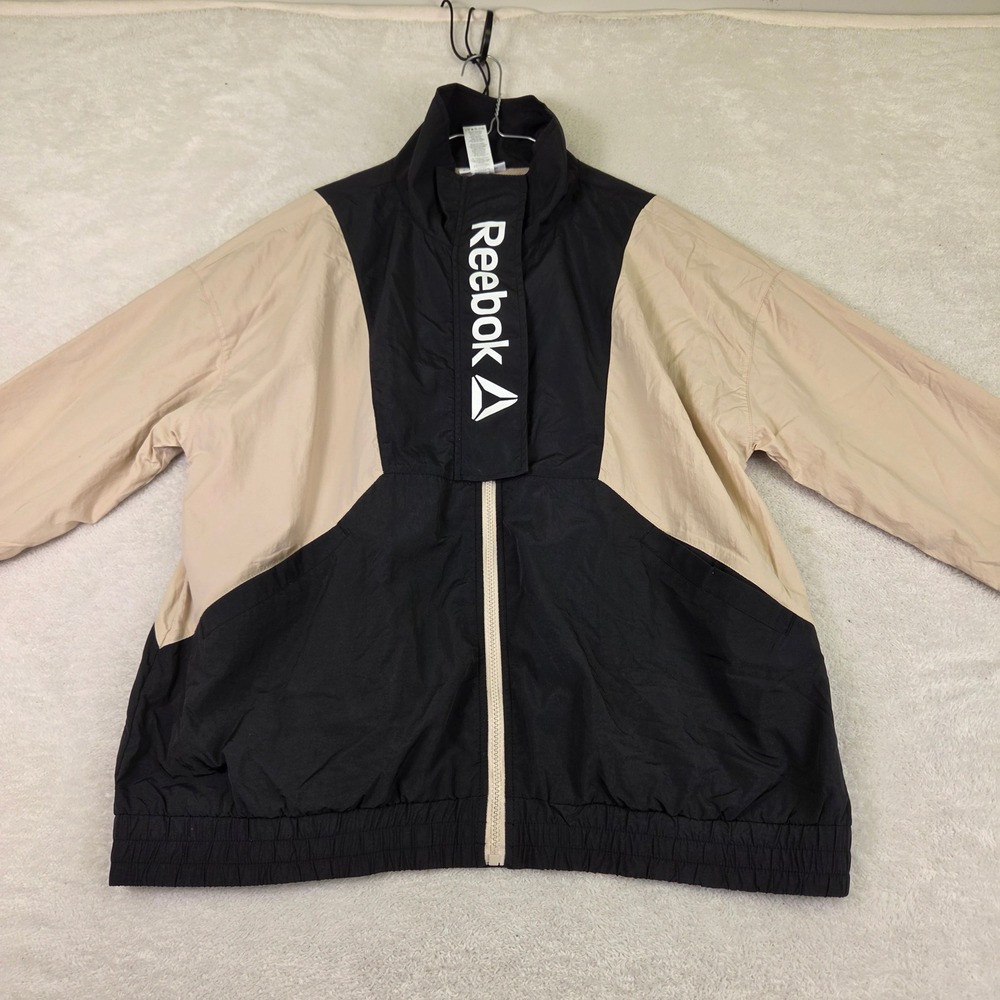 Reebok Mens XL Colorblock Windbreaker Jacket Black Tan Full Zip Logo 4582